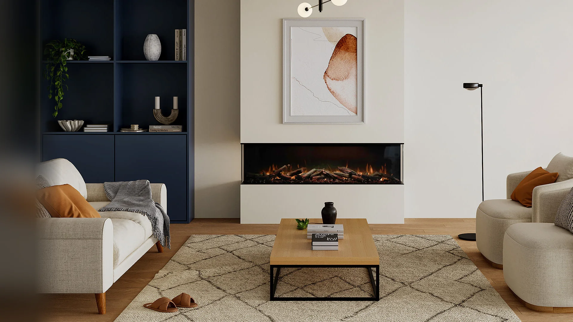 Ambe Multi 65 Bay linear electric fireplace in a modern living room