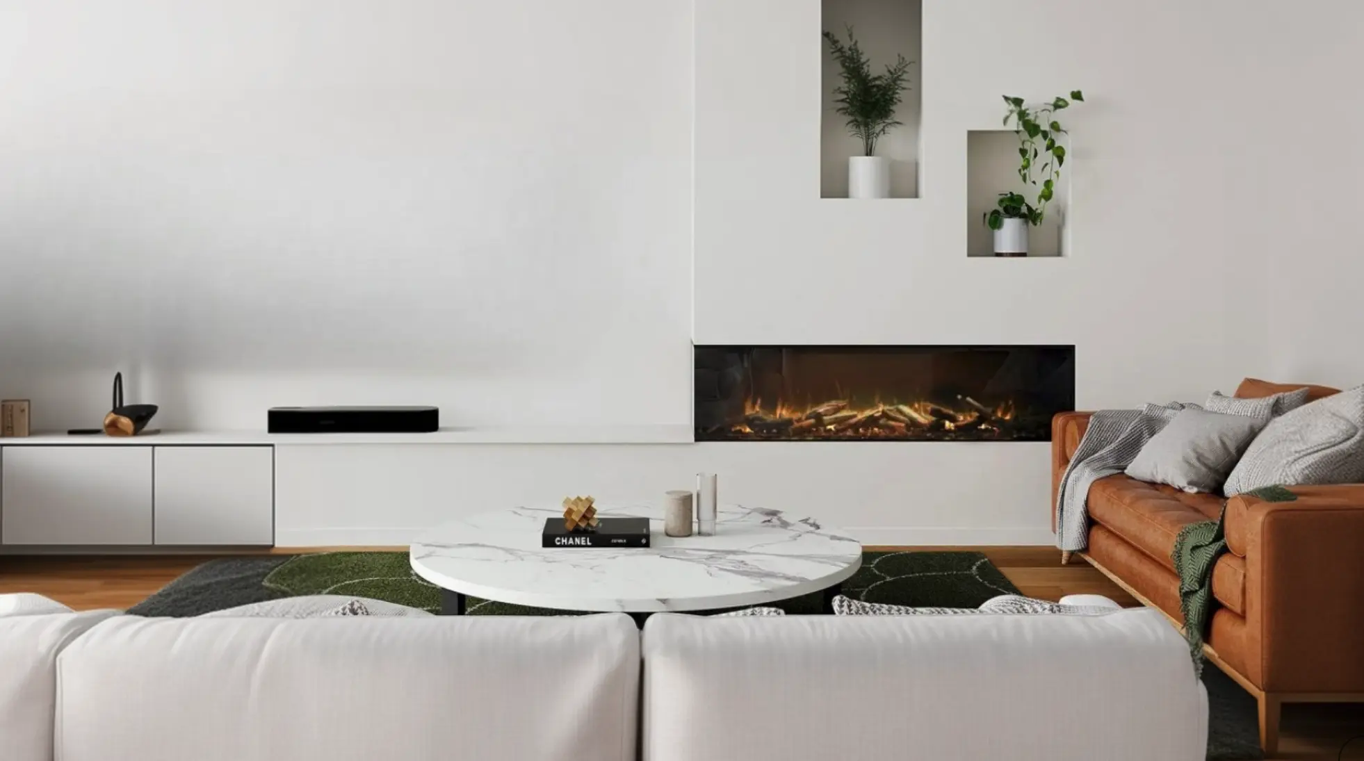 Ambe Multi 65 Left linear electric fireplace in a modern living room